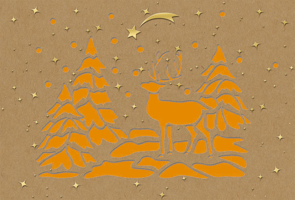 Naturbraune Weihnachtskarte mit orangenem Einlegeblatt als Laserkarte mit Goldfolienprägung