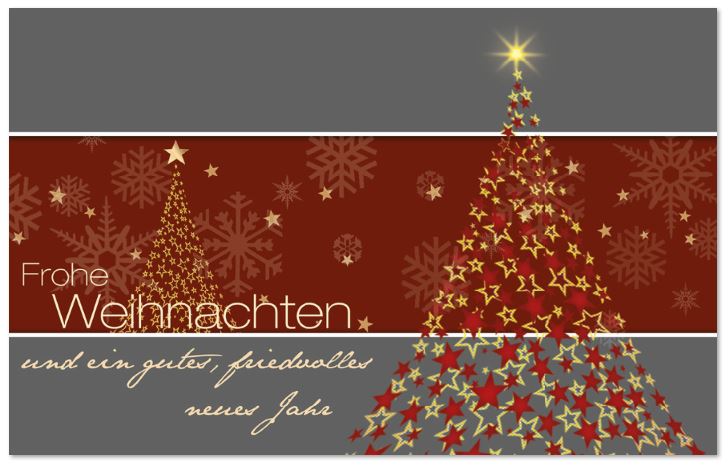 Funkelnde Weihnachtskarte mit Gruß und Weihnachtsbaum aus roten und goldenen Sternen