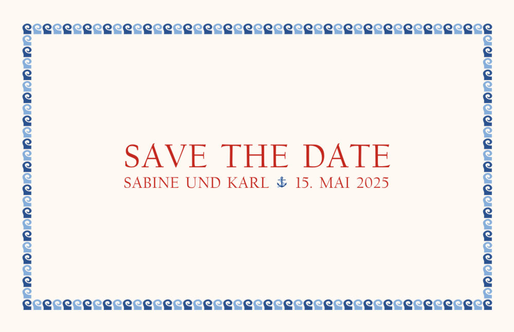 Maritime Save the Date Karte für die Hochzeitsankündigung mit Wellenrand in blau.