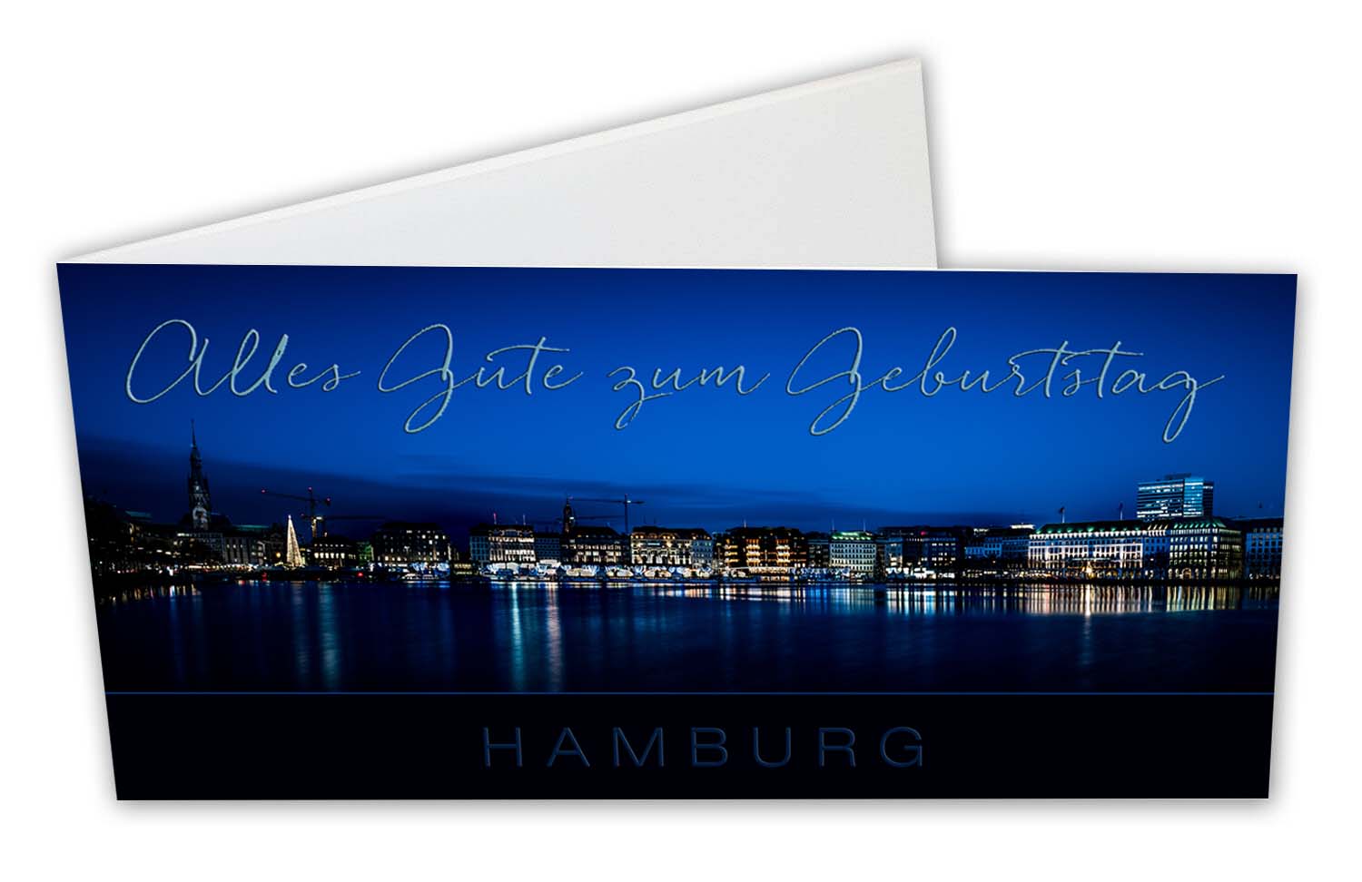 Geburtstags- Glückwunschkarte mit Stadtansicht von Hamburg zur blauen Stunde als Klappkarte querdoppelt