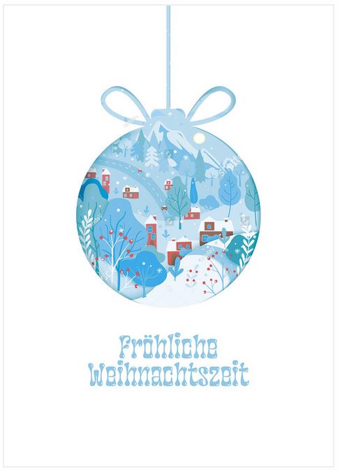 Weiße Weihnachtskarte mit winterlichem Motiv: Verschneite Landschaft in einer Weihnachtskugel