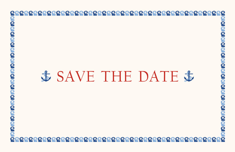 Maritime Save the Date Karte für die Hochzeitsankündigung, mit Anker Motiv und Wellenrand in blau.