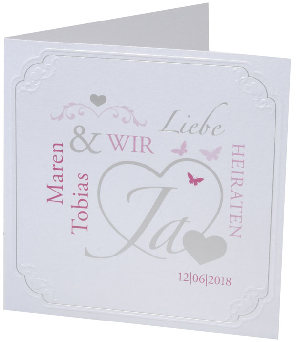 Hochzeitskarte mit Silberfolienprägung Herz Ja Liebe mit Relief