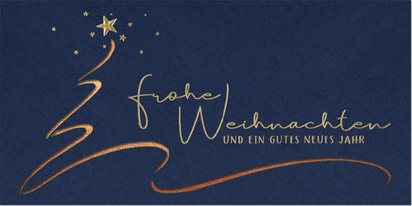 Moderne Weihnachtskarte in blau mit Laserstanzung und Einlegeblatt in kupfer