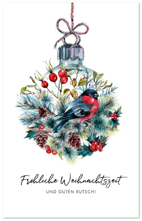 Zauberhafte Weihnachtskarte mit hängender Baumkugel, floralen Elementen und Dompfaff