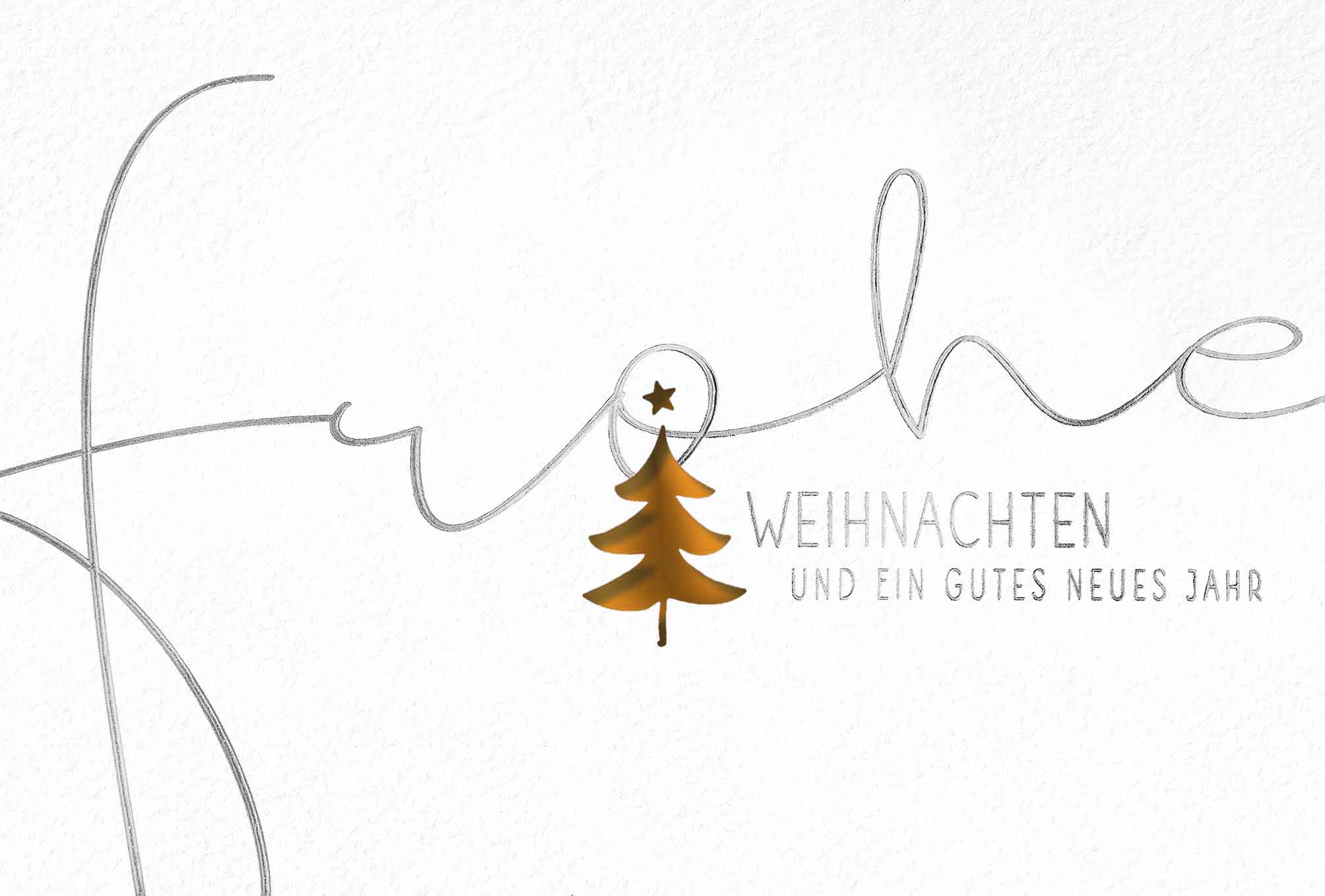 Weiße Weihnachtskarte mit kupfernem Einlegeblatt, Silberprägung und Stanzung