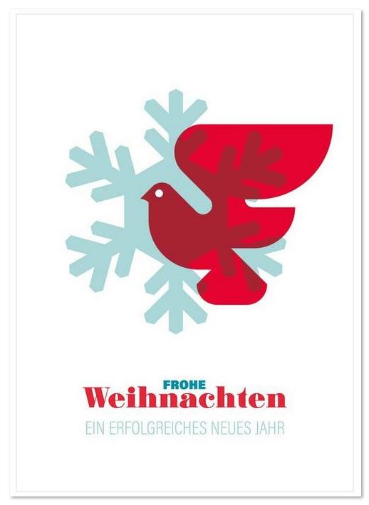 Firmen-Weihnachtskarte in weiß mit Friedensbotschaft einer roten Taube auf Schneeflocke