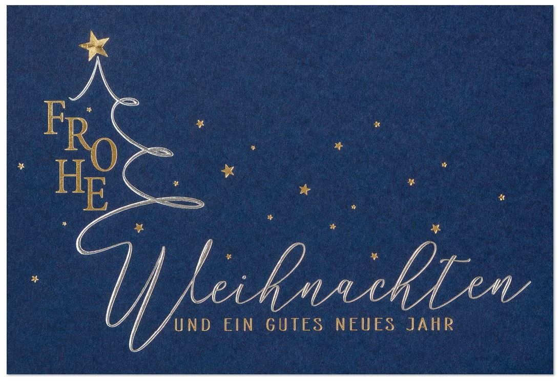 Edle Weihnachtskarte in blau mit Weihnachtgruß, Sternen und Baum in Folienprägung gold und silber