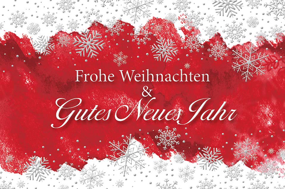 Weihnachtskarte in rot und weiß mit Gruß, Eiskristallen und Schneeflocken