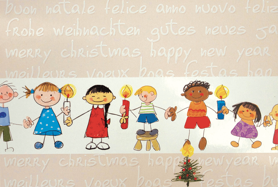 Internationale Weihnachtskarte mit fröhlichen Kindern aus verschiedenen Ländern und Weihnachtsgruß