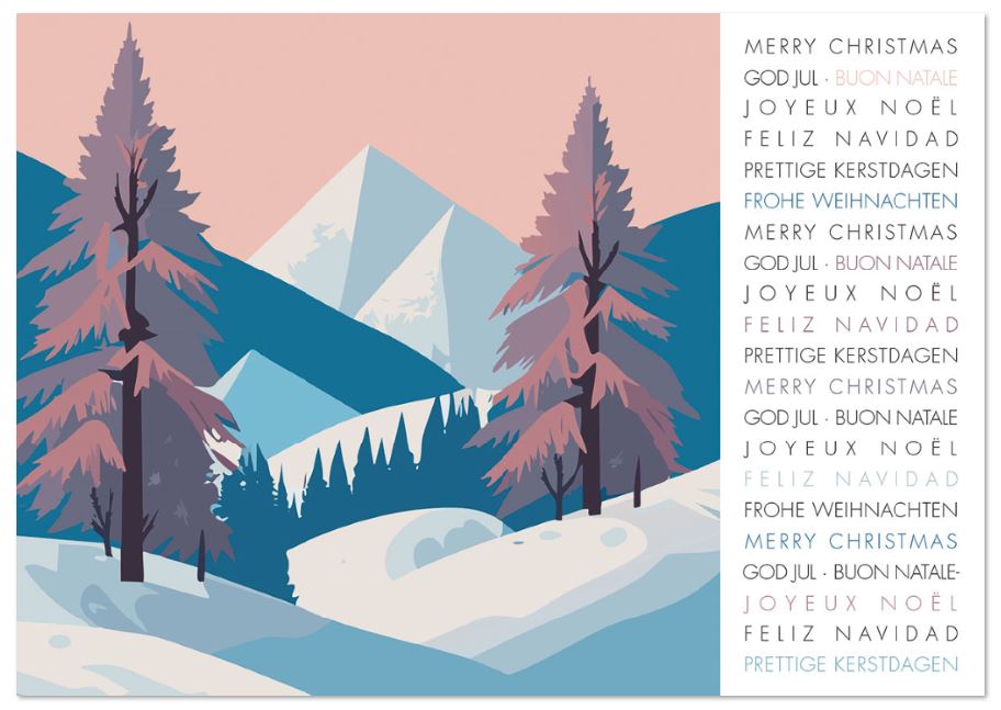 Internationale Weihnachtskarte mit verschneiter Berglandschaft mit Bergen und Tannen in geometrischen Formen
