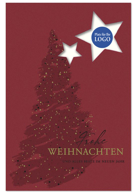 Rote Weihnachtskarte mit gelaserten Sternen, Weihnachtsbaum und Gruß, inkl. Einlegeblatt