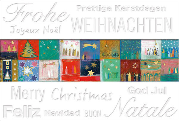 Weihnachtskarte mit Bildchen und internationalen Weihnachtswünschen