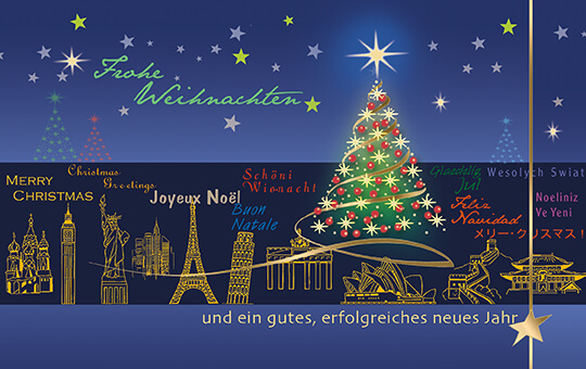 Internationale Weihnachtskarte mit Weihnachtsbaum und bekannten Sehenswürdigkeiten