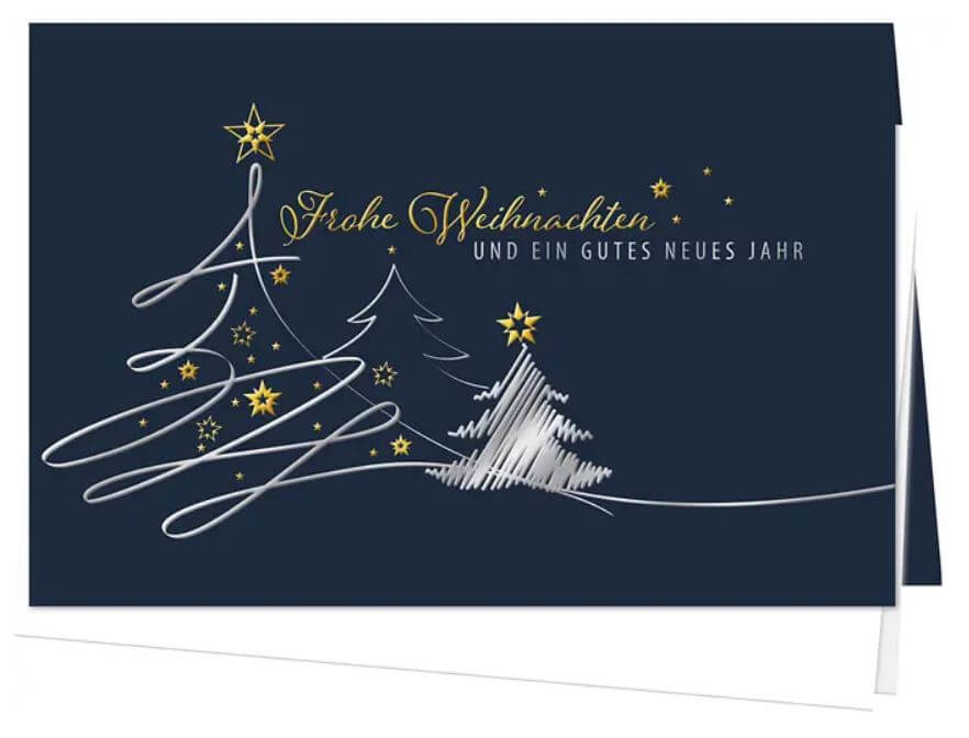 Blaue Weihnachtskarte mit Silber- und Goldfolienprägung mit weicher Soft-Touch Oberfläche