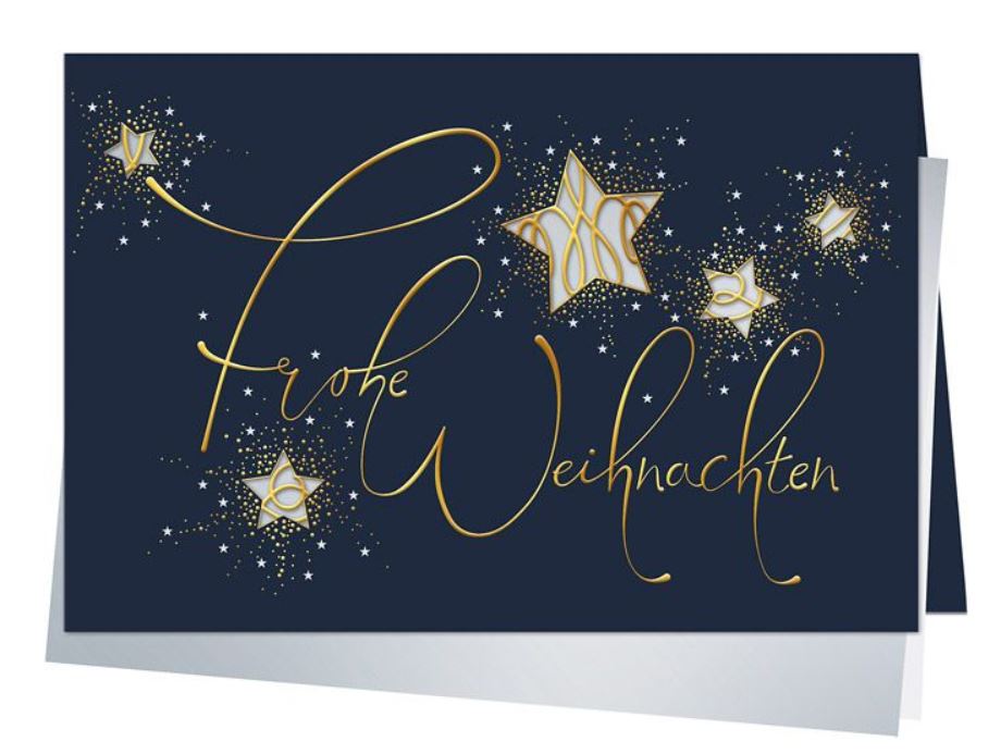 Dunkelblaue Weihnachtskarte mit Goldfolienprägung und Laserstanzung Sterne, Einleger silber