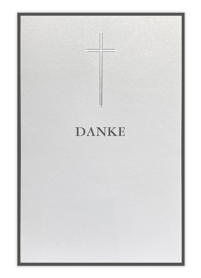 Trauer Danksagungskarte mit grauem Kreuz und "DANKE" Schriftzug