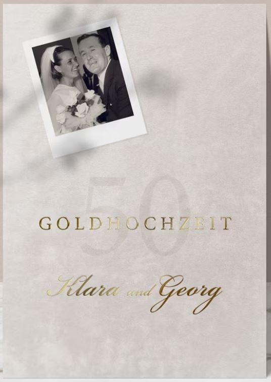 Stilvolle Einladungskarte zum Ehejubiläum Goldene Hochzeit mit Goldfoliendruck und Bildern des Jubelpaares