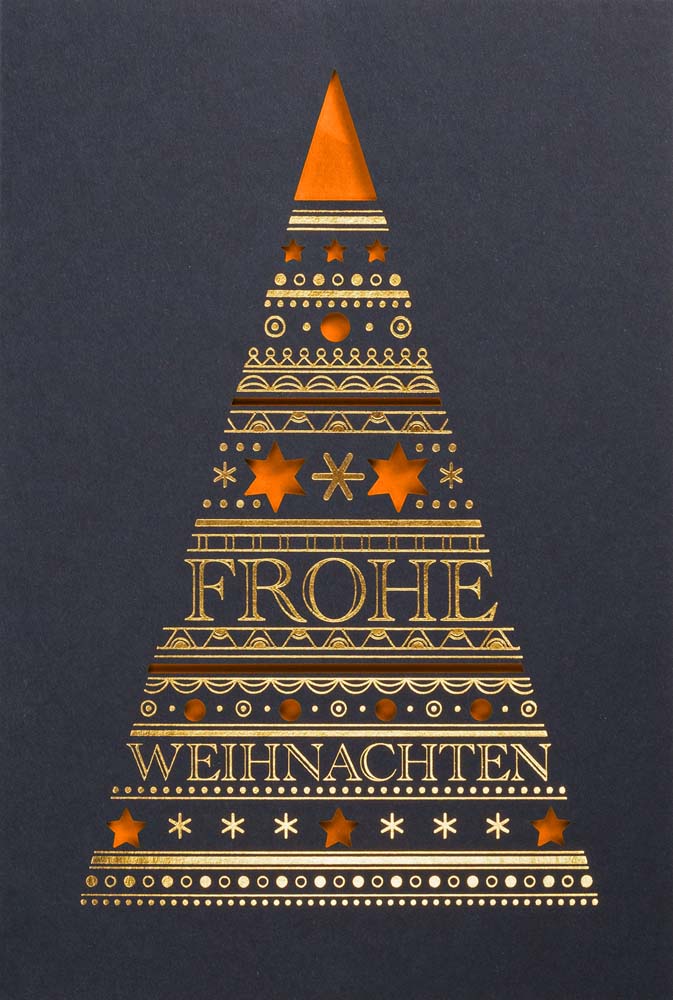 Dunkelblaue Weihnachtskarte mit orangenem Einlegeblatt und gutem Zweck: CARE