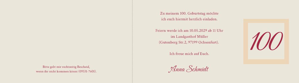 Dunkelrote Einladungskarte zum 100. Geburtstag mit Relief und Blumenornament, DIN lang