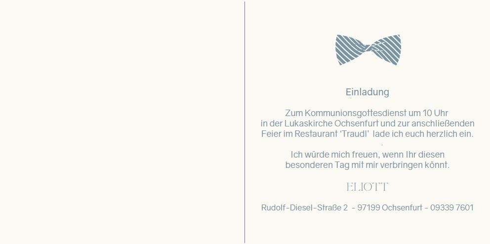 Gestaltungsvorschlag für den Einladungstext zur Kommunion mit möglichem Fotodruck links