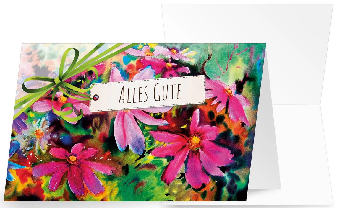 Bunte Aquarell-Glückwunschkarte für viele Anlässse mit Schriftzug "Alles Gute", Klappkarte im Querformat