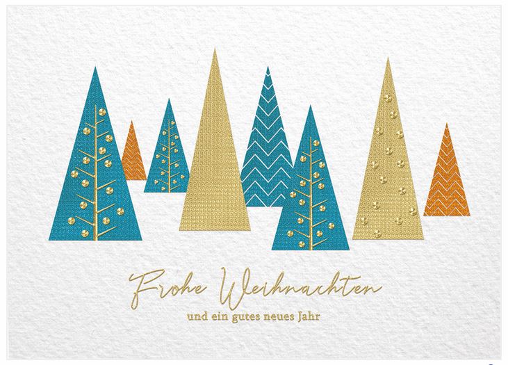 Weiße Weihnachtskarte mit abstrakten Weihnachtsbäumen und Foliendruck in blau, gold und bronze