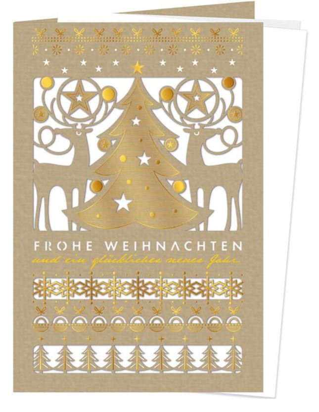 Braune Weihnachtskarte mit filigraner Laserstanzung und Goldfolienprägung, Einleger weiß