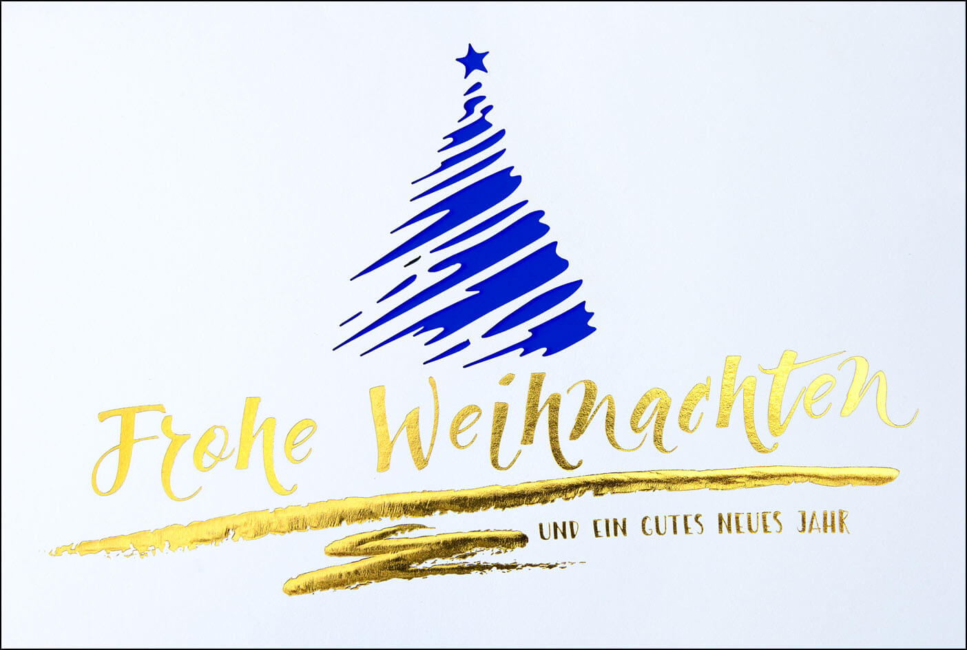 Weihnachtskarte mit Weihnachtsbaum und Schriftzug in Gold - Einleger blau