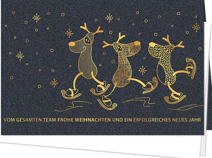 Lustige Team-Weihnachtskarte mit Rentieren beim Schlittschuhfahren und Weihnachtsgruß