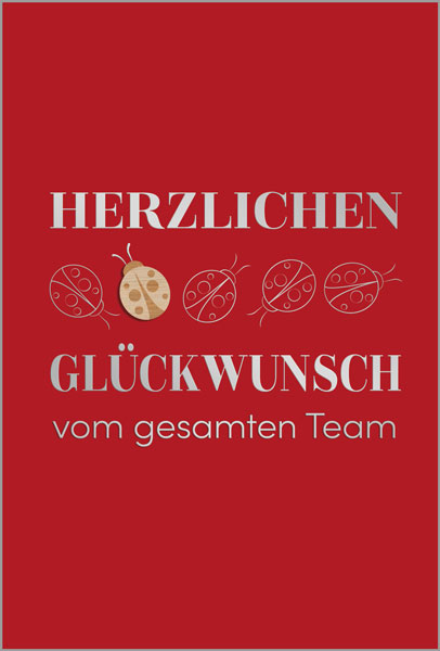 Firmenglückwunschkarte mit Glückwünschen vom gesamten Team und Marienkäfer aus Echtholz als Glücksbringer