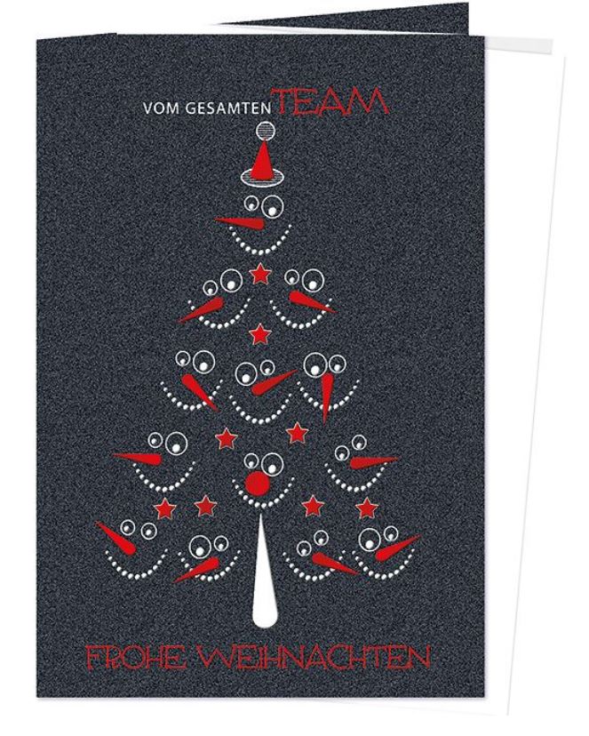 Humorvolle Firmenweihnachtskarte in anthrazit-metallic mit Teamgruß und Schneemann-Gesichtern.