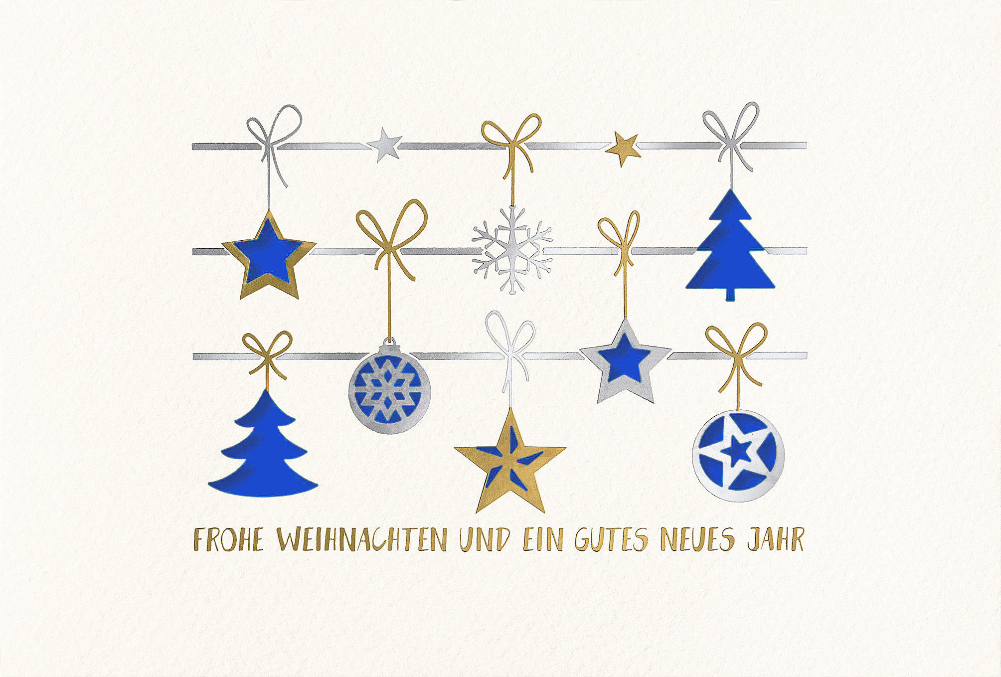 Weiße Weihnachtskarte mit Gold- und Silberfolienprägung sowie Stanzung, Einleger blau