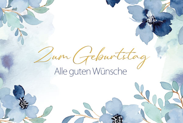 Geburtstagsgrußkarte im Aquarelldesign mit zartblauen Blüten und goldener Metallic-Veredelung