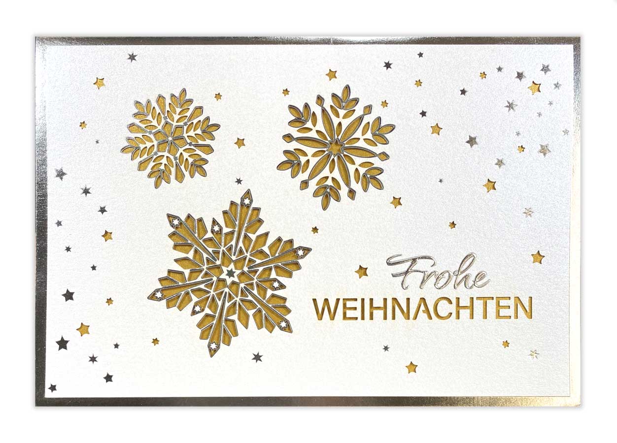 Weihnachtskarte mit Silberfolienprägung, Laserstanzung und goldenem Einleger