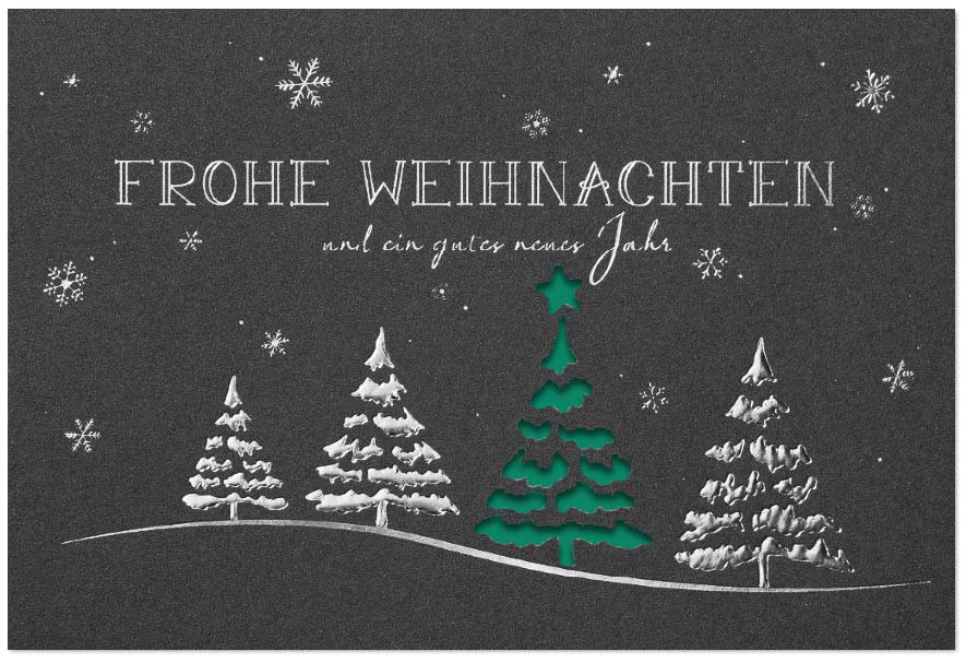 Edle Weihnachtskarte in anthrazit-metallic mit Silberprägung, Stanzung und dunkelgrünem Falteinleger