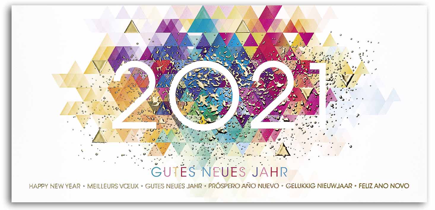 Kunterbunte Neujahrsgrußkarte mit Jahreszahl 2021 und internationalen Neujahrswünschen