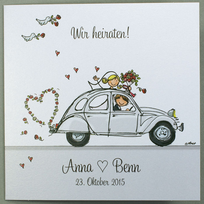 Hochzeitskarte aus weißem Metallic-Karton mit Farbdruck Brautpaar im Citroën 2CV