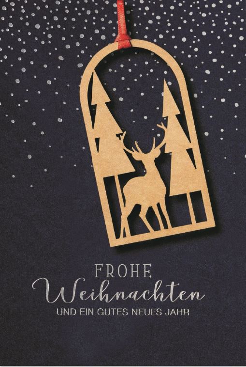 Elegante Weihnachtskarte in darkblue mit Kraftpack-Anhänger, rotem Band und silbernem Gruß