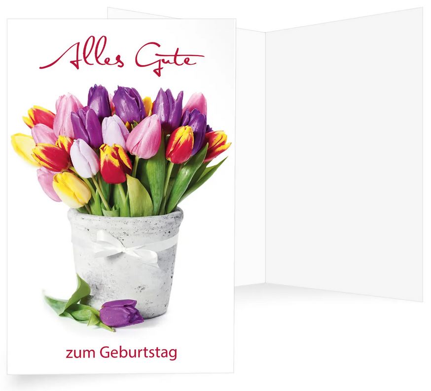 Bunte Glückwunschkarte zum Geburtstag mit Geburtstagsgruß und einem Strauß Tulpen