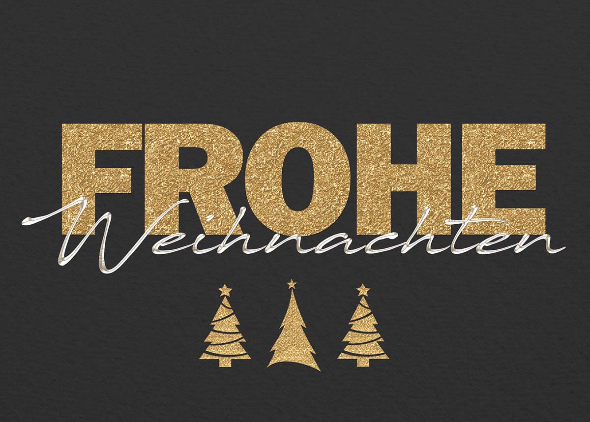 Moderne Weihnachtskarte in schwarz mit Gold- und Silberprägung "Frohe Weihnachten"