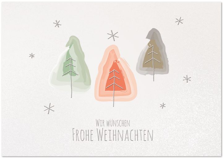 Weihnachtskarte in Aquarelloptik mit Bäumchen, silbernen Sternen und Weihnachtsgruß