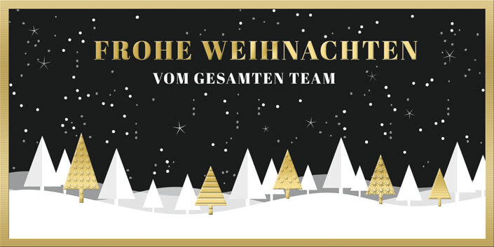 Firmenweihnachtskarte in gold und schwarz mit Grüßen vom gesamten Team, DIN lang