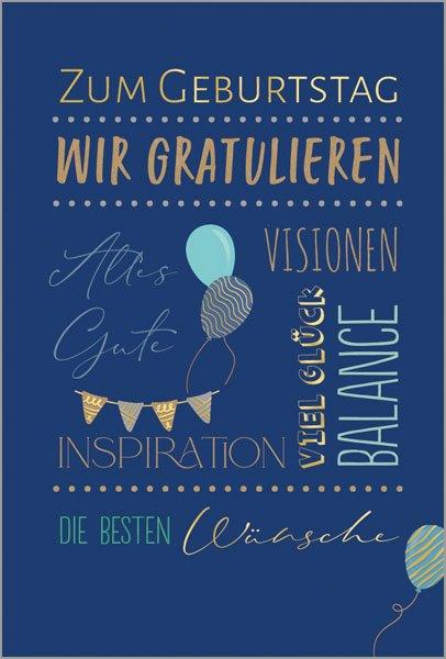 Firmenglückwunschkarte zum Geburtstag in blau mit Goldprägung, Luftballons und Wimpelgirlande