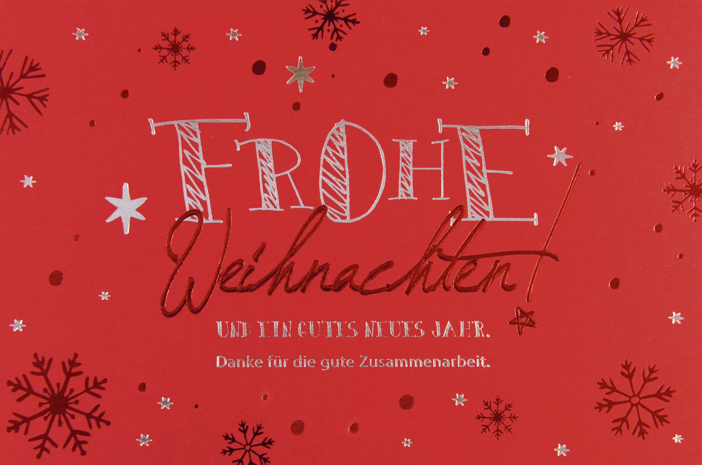 Rote Firmenweihnachtskarte mit Dank für die Zusammenarbeit und edler Folienprägung