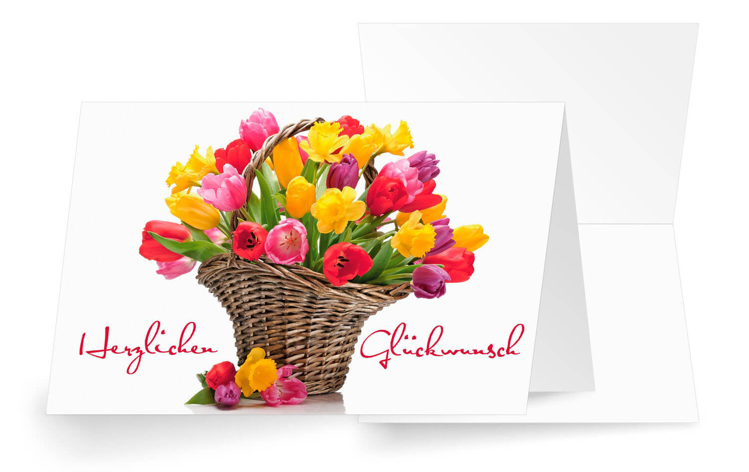 Spenden-Glückwunschkarte für verschiedene Anlässe mit Weidenkorb voller Tulpen