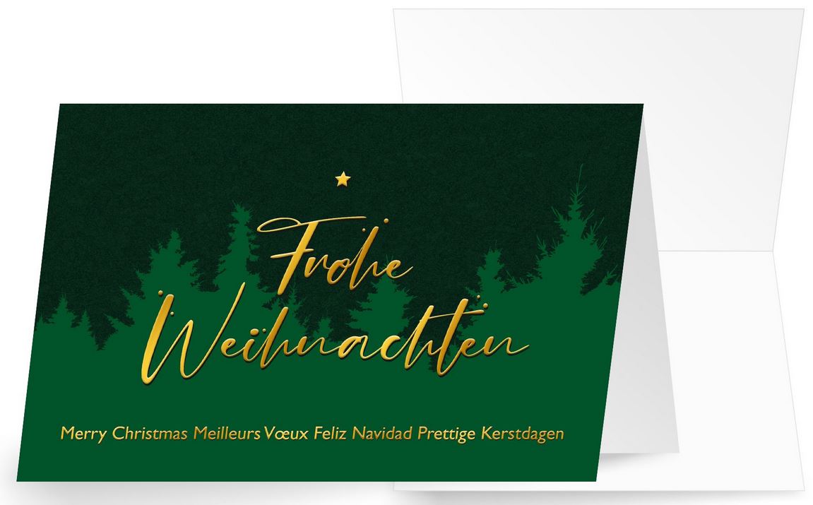 Grüne Weihnachtskarte mit goldener Folienprägung, Tannenwald, Stern und internationalen Grüßen