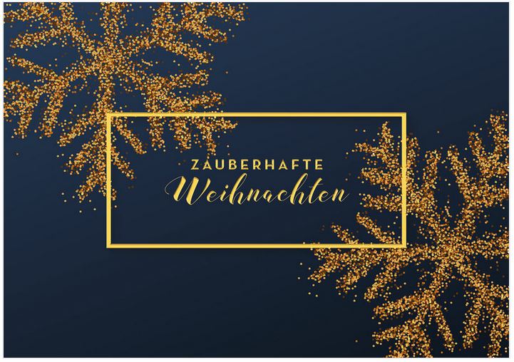 Elegante Spendenkarte für die Deutsche Kinderkrebs-Stiftung in blau mit "Zauberhafte Weihnachten" in gold