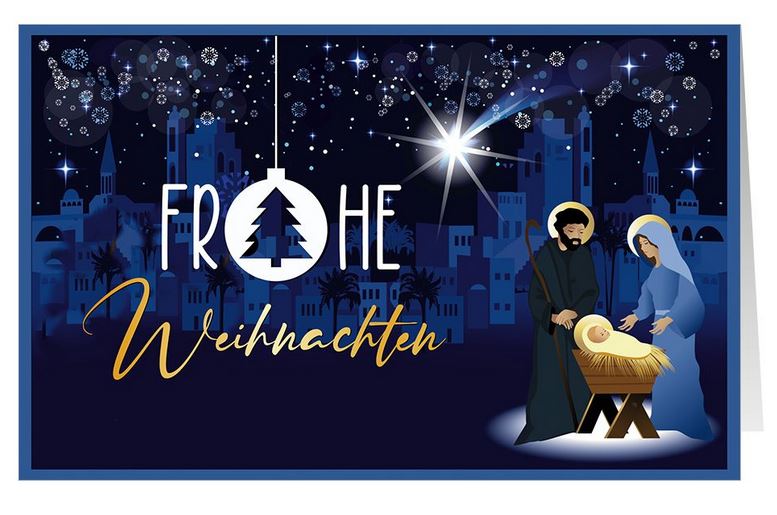 Christliche Weihnachtskarte mit der Heiligen Familie und dem Gruß "Frohe Weihnachten"