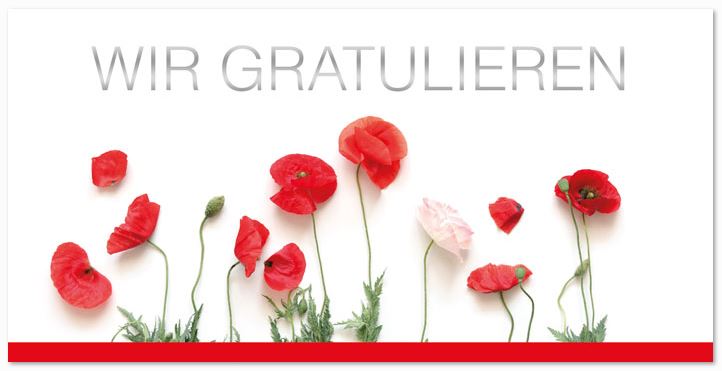 Glückwunschkarte mit roten Mohnblüten und "Wir Gratulieren", im DIN lang Format